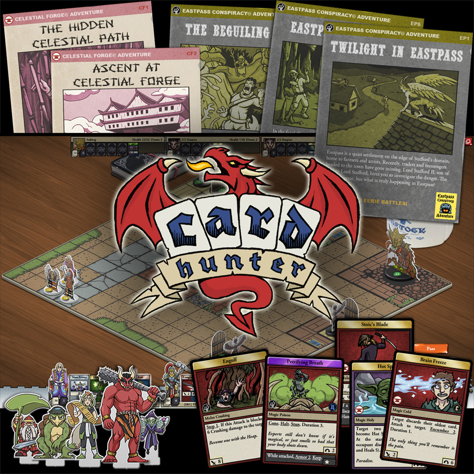 Effie L Schwartz-Craighill designed and built several expansions for digital card game Card Hunter. This image shows a sampling of things they worked on: module covers, encounter design, cards, and art direction for character and monster figures. The Card Hunter logo is superimposed over all these samples.