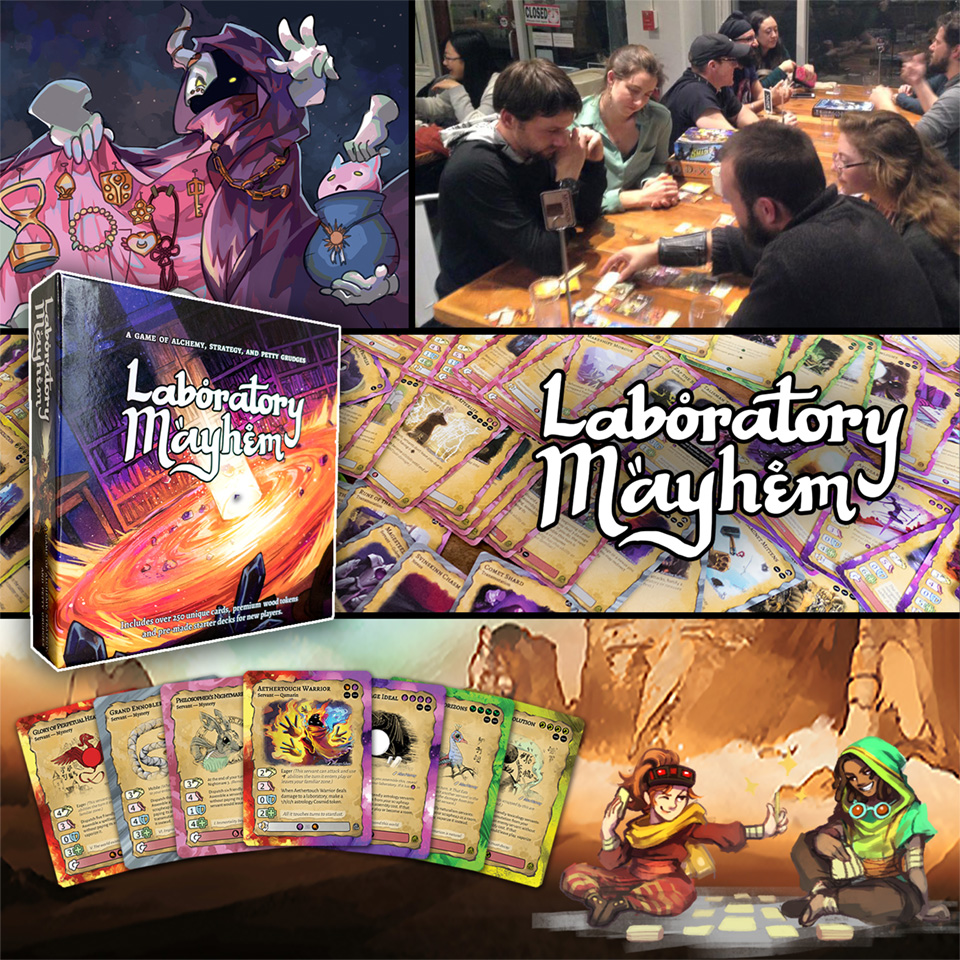 Out of college, Effie L Schwartz-Craighill and some friends formed Lixivium Games, which went on to successfully kickstart and deliver their physical card game, Laboratory Mayhem. Effie was in charge of card development and balance, as well as co-directing the business side of things. Pictured here are some people playing Lab Mayhem in a board game cafe, a big spread of Lab Mayhem cards, and various smaller illustrations from the game's cards, as well as a fan of rare cards and a shot of the Lab Mayhem box.