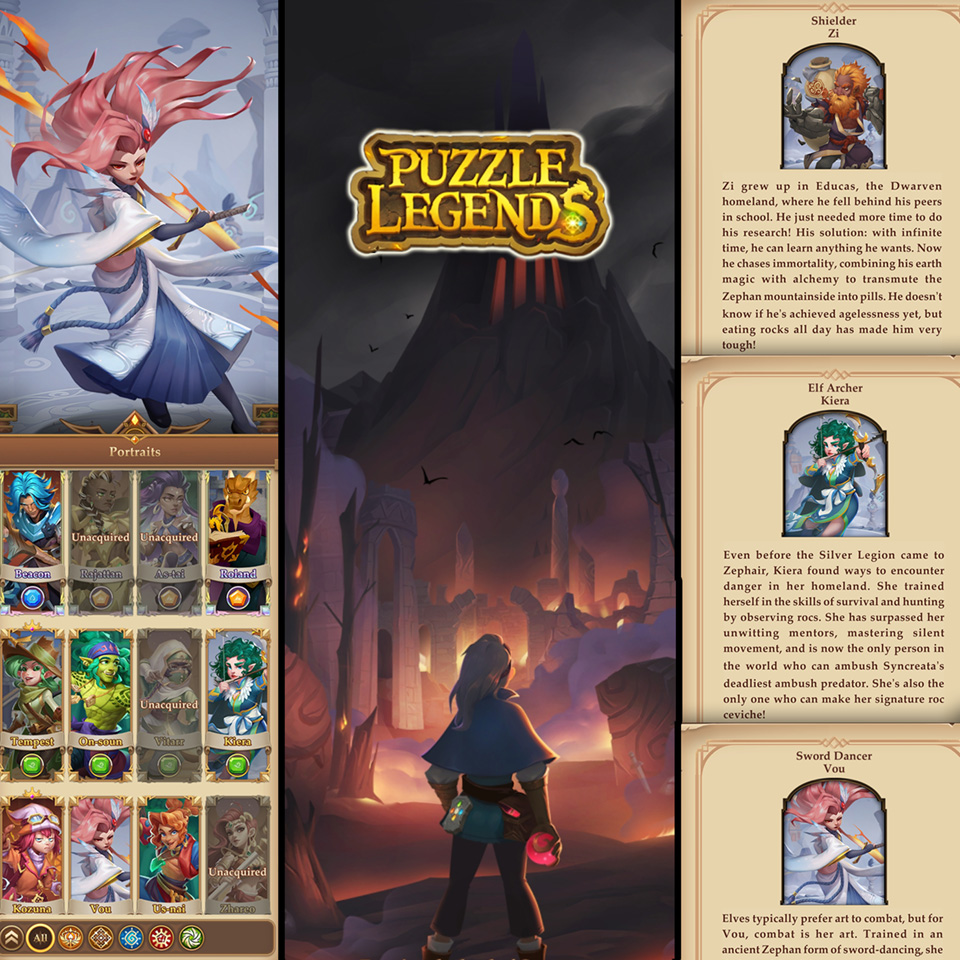 Effie L Schwartz-Craighill was a writer and narrative designer at Microfun, where she worked on Puzzle Legends and Merge Tales. Pictured are some screenshots from the Puzzle Legends mobile game: a character collection screen, a title screen with the Puzzle Legends logo, a character banner, and a few character bios.